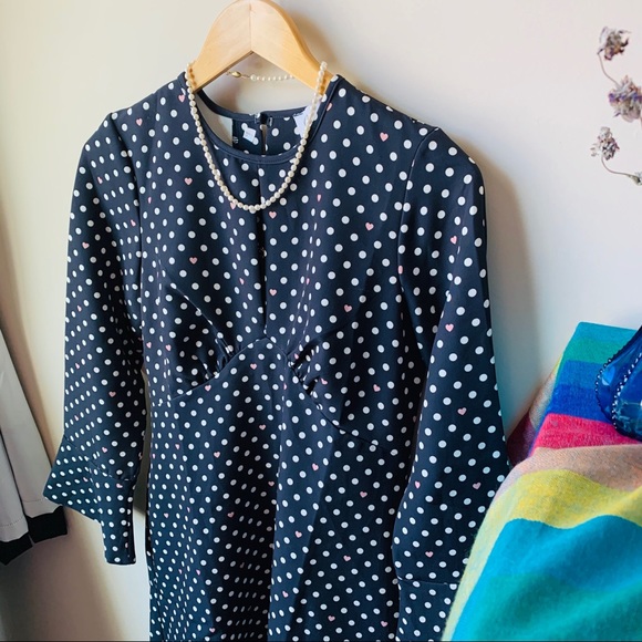 Mad Men Style Polka Dot Fluted Sleeve Navy Dress - Picture 8 of 10